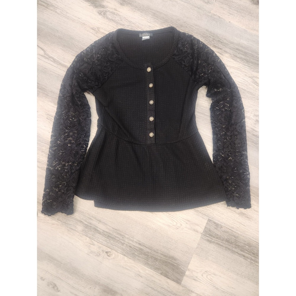 Venus Black Waffle Knit Lace Sleeve Peplum Top Boho Whimsigoth Size Med See Desc